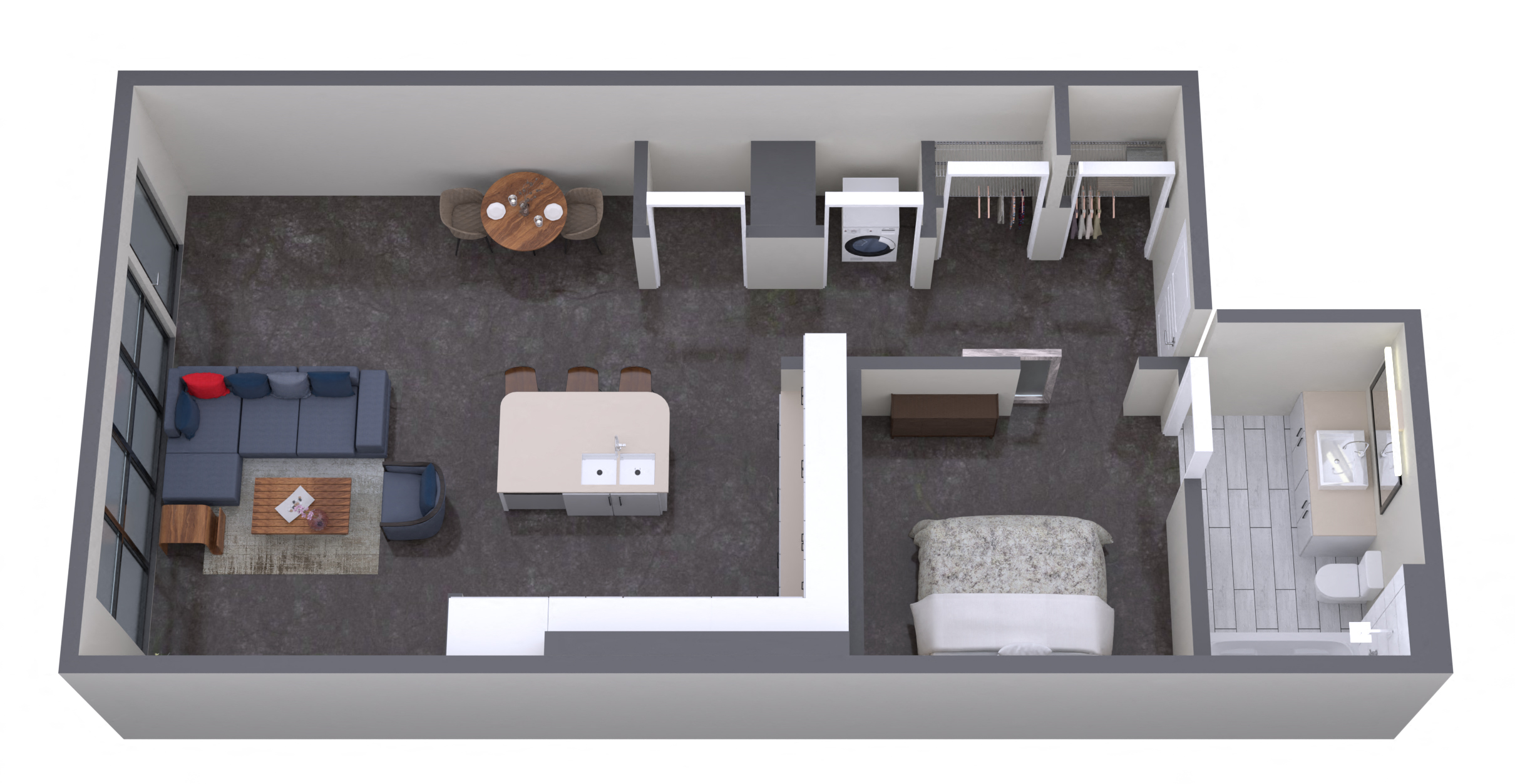 Floor plan for 1 bed, 1 bath, 643 sqft